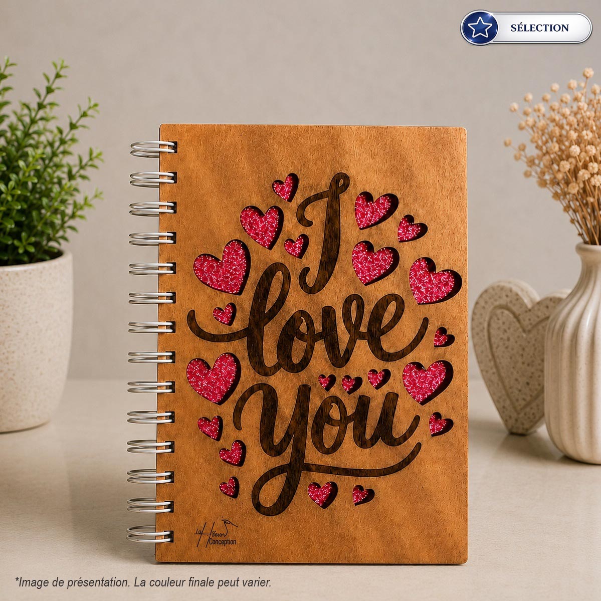 Carnet couverture Bois - I love you - Spirale métalique - Sélection